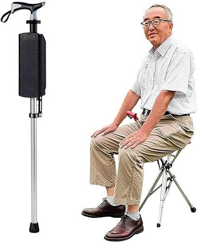 HJK Tripod Walking Stick mit Sitz, Faltbar Gehstock mit Sitz, Krückenstuhl Gehhilfe für ältere Menschen, Aluminiumlegierung 0,9kg, belastbar bis 100kg, rutschfeste von HJK