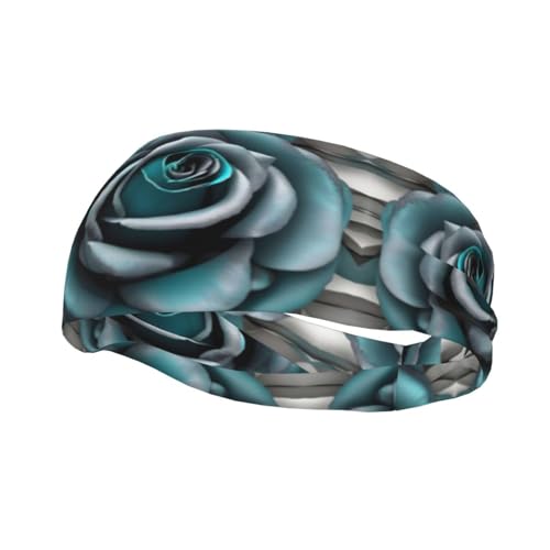 Blaugrün-graue Rose, hochelastische bedruckte Stirnbänder für Damen und Herren – Workout-Stirnbänder – für Sport, Laufen und langes Haar von HJLUUFT
