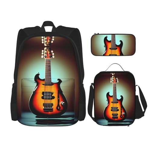 HJLUUFT 3-teiliges Rucksack-Set für Gitarre, Bass, Musikinstrument, große Schultasche mit Lunchbox und Federmäppchen, Rucksack-Set, stilvoll und praktisch von HJLUUFT