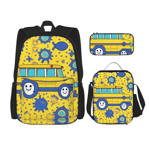 HJLUUFT 3-teiliges Rucksack-Set mit Schulbus-Aufdruck, große Schultasche mit Lunchbox und Federmäppchen, Rucksack-Set, stilvoll und praktisch von HJLUUFT