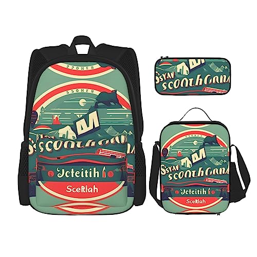 HJLUUFT 3-teiliges Rucksack-Set mit schottischem Retro-Muster, große Schultasche mit Lunchbox und Federmäppchen, Rucksack-Set, stilvoll und praktisch von HJLUUFT