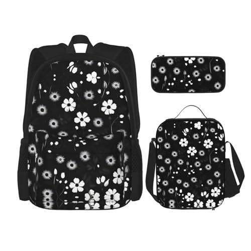 HJLUUFT 3-teiliges Rucksack-Set mit schwarzem und weißem Blumendruck, große Schultasche mit Lunchbox und Federmäppchen, Rucksack-Set, stilvoll und praktisch von HJLUUFT