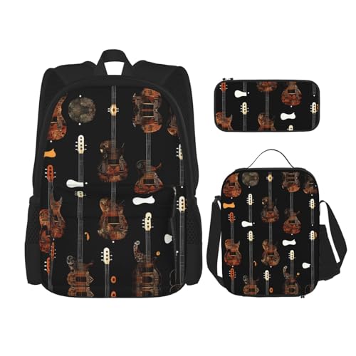 HJLUUFT 3-teiliges Schulranzen-Set mit Kunstgitarre, praktischer und stilvoller Rucksack mit Lunchtasche und Federmäppchen, Rucksack-Set von HJLUUFT