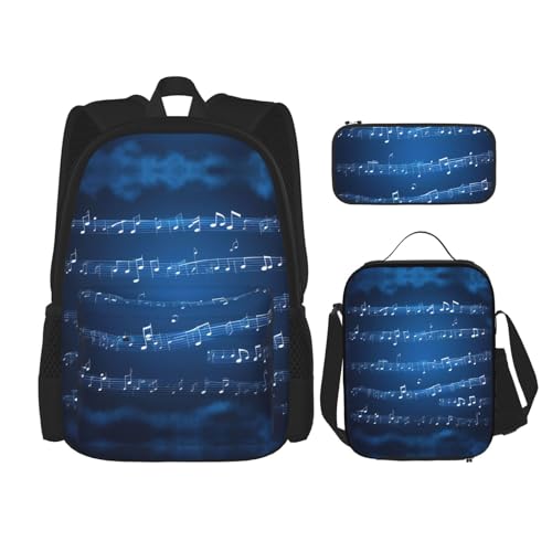 HJLUUFT Blaues praktisches 3-teiliges Rucksack-Set mit Musiknoten, große Schultasche mit Lunchbox und Federmäppchen für Schüler, Rucksack und Lunchbox von HJLUUFT