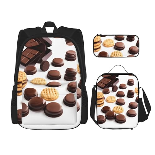 HJLUUFT Cookies Schokoladenkekse, praktisches und stilvolles 3-teiliges Schulranzen-Set – großer Rucksack mit Lunchtasche und Federmäppchen, Rucksack-Set von HJLUUFT