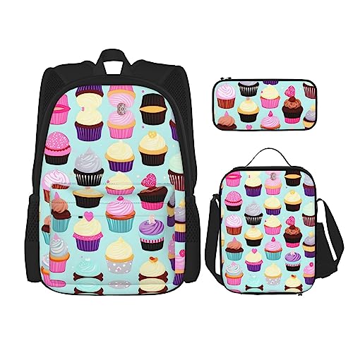 HJLUUFT Cupcake-Muster, 3-teiliges Rucksack-Set, große Schultasche mit Lunchbox und Federmäppchen, Rucksack-Set, stilvoll und praktisch von HJLUUFT