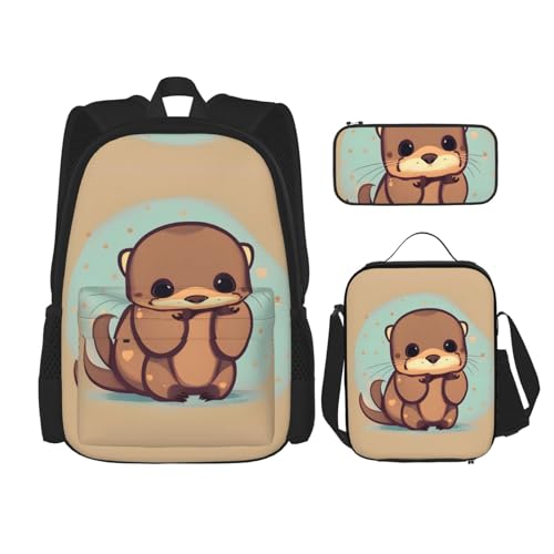 HJLUUFT Cute Otter praktisches und stilvolles 3-teiliges Schulranzen-Set – großer Rucksack mit Lunchtasche und Federmäppchen, Rucksack-Set von HJLUUFT