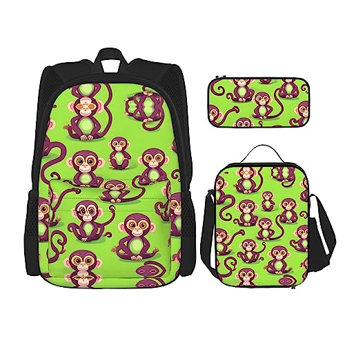 HJLUUFT Green Clever Monkey 3-teiliges Rucksack-Set, große Schultasche mit Lunchbox und Federmäppchen, Rucksack-Set, stilvoll und praktisch von HJLUUFT