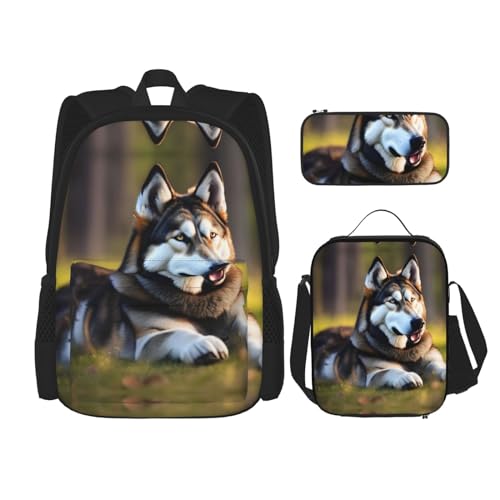 HJLUUFT Husky Dog 3-teiliges Rucksack-Set, große Schultasche mit Lunchbox und Federmäppchen, Rucksack-Set, stilvoll und praktisch von HJLUUFT