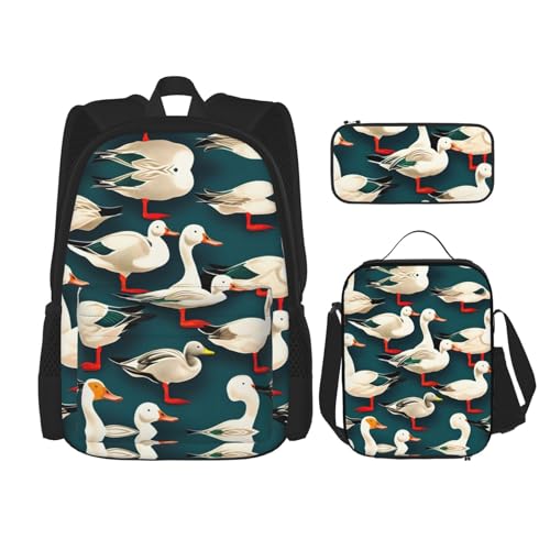 HJLUUFT Mallard Ducks praktisches und stilvolles 3-teiliges Schulranzen-Set – großer Rucksack mit Lunchtasche und Federmäppchen, Rucksack-Set von HJLUUFT