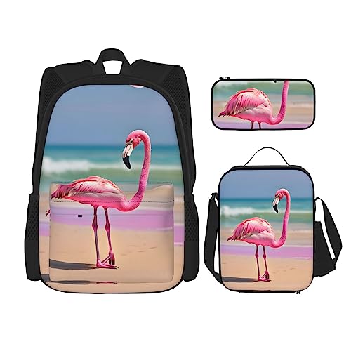 HJLUUFT One Pinks Flamingo am Strand, praktisches und stilvolles 3-teiliges Schulranzen-Set – großer Rucksack mit Lunchtasche und Federmäppchen, Rucksack-Set von HJLUUFT