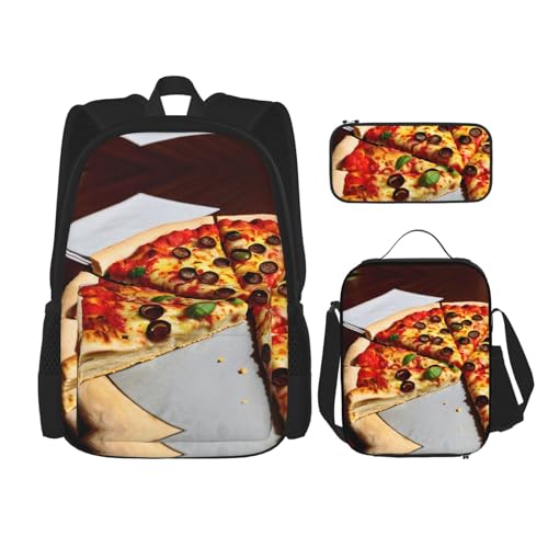 HJLUUFT Pizza 3D 1 praktisches und stilvolles 3-teiliges Schultaschen-Set – großer Rucksack mit Lunchtasche und Federmäppchen, Rucksack-Set von HJLUUFT
