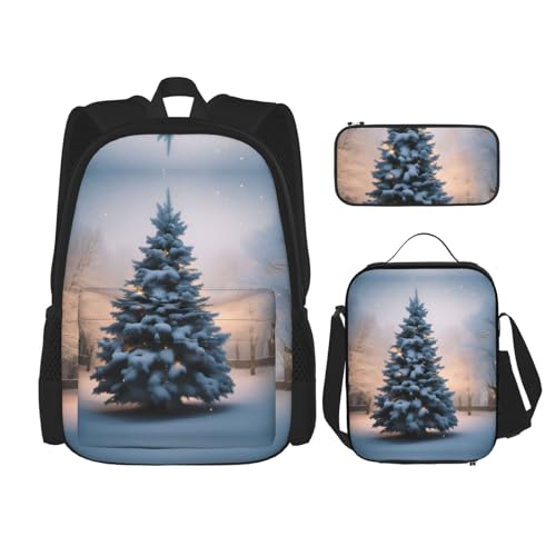 HJLUUFT Praktisches und stilvolles 3-teiliges Schulranzen-Set mit Weihnachtsbaum-Motiv – großer Rucksack mit Lunchtasche und Federmäppchen, Rucksack-Set von HJLUUFT