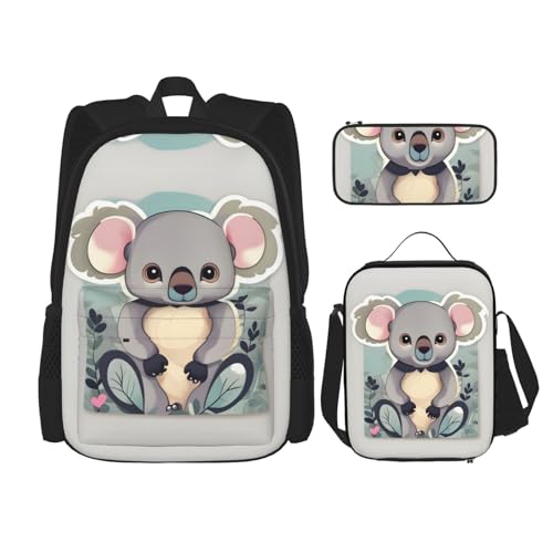 HJLUUFT Schönes Koala praktisches und stilvolles 3-teiliges Schultaschen-Set – großer Rucksack mit Lunchtasche und Federmäppchen, Rucksack-Set von HJLUUFT