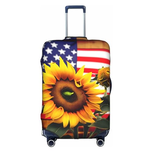 HJLUUFT Stilvolle Gepäckabdeckung mit Sonnenblume und amerikanischer Flagge, schützen und personalisieren Sie Ihren Koffer mit TSA-zugelassener Abdeckung, Kofferabdeckungen für Gepäck, Weiss/opulenter von HJLUUFT