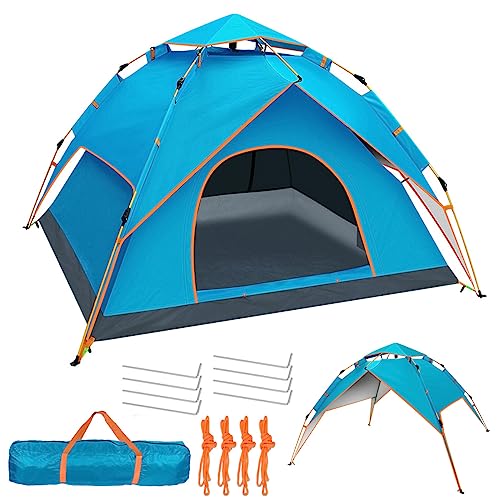 Camping Zelt, Pop up Zelt Wurfzelt Automatische 3-4 Personen Familie Kuppelzelt Wasserdicht Winddicht UV-Schutz mit 2 Mesh-Tür, 2in1 Doppelschichten Tragetasche für Camping Wandern Backpacking Blau von HJZ