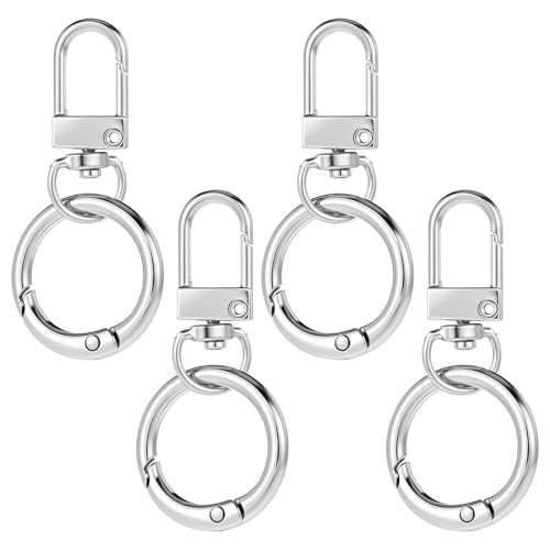 HJZHII 4 Stück Drehbare Karabinerhaken Metall Karabiner, 360° Drehbarem Drehverschlussclips mit doppelter Öffnung, Schlüsselanhänger mit Karabiner Drehfederdruckknopf, Robuster Druckhaken(Silber) von HJZHII