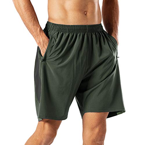 HMIYA Herren Sport Shorts Schnell Trocknend Kurze Hose mit Reißverschlusstasch (Armeegrün,XXL) von HMIYA