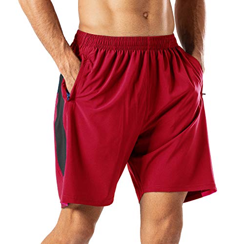 HMIYA Herren Sport Shorts Schnell Trocknend Kurze Hose mit Reißverschlusstasch (Rot,3XL) von HMIYA