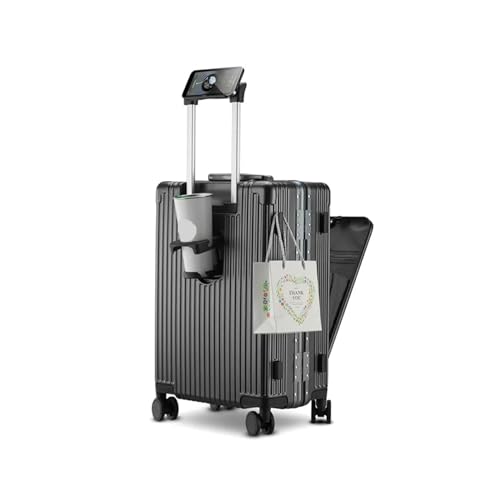 HMTJATOT Gepäck Multifunktions-Reisekoffer Aluminiumrahmen Zugstangenkoffer USB-Ladeanschluss mit klappbarem Getränkehalter Bordtasche (Color : Black, Size : 18-inch) von HMTJATOT