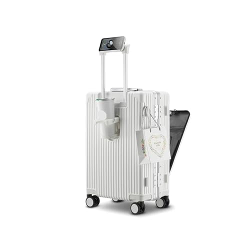 HMTJATOT Gepäck Multifunktions-Reisekoffer Aluminiumrahmen Zugstangenkoffer USB-Ladeanschluss mit klappbarem Getränkehalter Bordtasche (Color : White, Size : 20 inches) von HMTJATOT