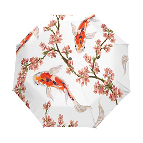 RXYY Tropisch Japanisch Koi Fish Blumen- Blume Muster Falten Auto Öffnen Schließen Regenschirm für Frauen Männer Jungs Mädchen Winddicht Kompakt Reise Leicht Regen Regenschirm von HMZXZ