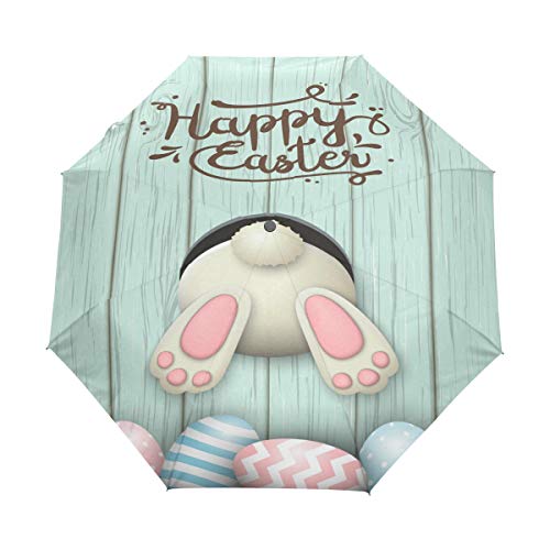 RXYY glücklich Ostern Hase Farbe Ei hölzern Falten Auto Öffnen Schließen Regenschirm für Frauen Männer Jungs Mädchen Winddicht Kompakt Reise Leicht Regen Regenschirm von HMZXZ