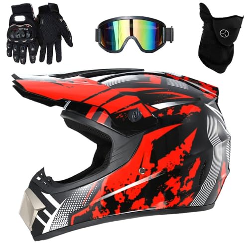 Jugend Kinder Volles Gesicht MTB Motocross-Helm Satz, mit Brille Handschuhe Maske(Red,S(52-53cm)) von HNGKGJBL