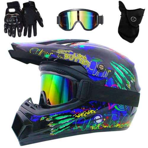 Motocross Helm Set, Dirt Bike Fullface Offroad Motorrad Helm mit Schutzbrille Geeignet für Kinder von 5 Bis 14 Jahren(F2,XL (58-59cm)) von HNGKGJBL