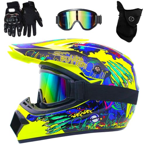 Motocross Helm Set, Dirt Bike Fullface Offroad Motorrad Helm mit Schutzbrille Geeignet für Kinder von 5 Bis 14 Jahren(F4,S(52-53cm)) von HNGKGJBL
