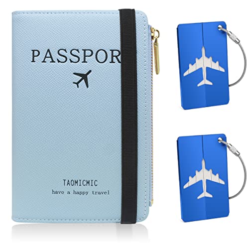 HNOOM Reisepasshülle, Premium PU Leather Passport Cover mit RFID Blockier, 1PCS Reisepass Organizer & 2PCS Kofferanhänger, Schutzhülle Reisepass für Kreditkarten, Ausweis und Reisedokumente (Blau) von HNOOM
