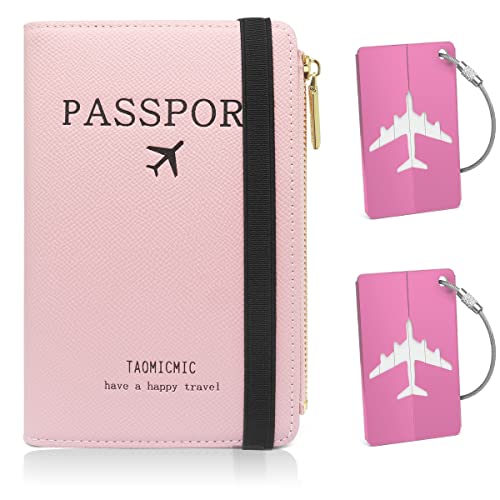 HNOOM Reisepasshülle, Premium PU Leather Passport Cover mit RFID Blockier, 1PCS Reisepass Organizer & 2PCS Kofferanhänger, Schutzhülle Reisepass für Kreditkarten, Ausweis und Reisedokumente (Rosa) von HNOOM