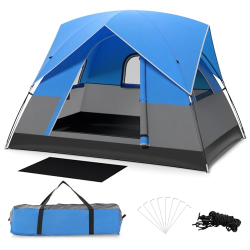 HOMASIS Campingzelt für 2-3 Personen, wasserdichtes Kuppelzelt mit 3 Fenstern & Regendach, Outdoorzelt mit 4 Windseilen & 8 Erdnägeln, ultraleichtes Zelt für Trekking Camping Hiking, Blau & Schwarz von HOMASIS