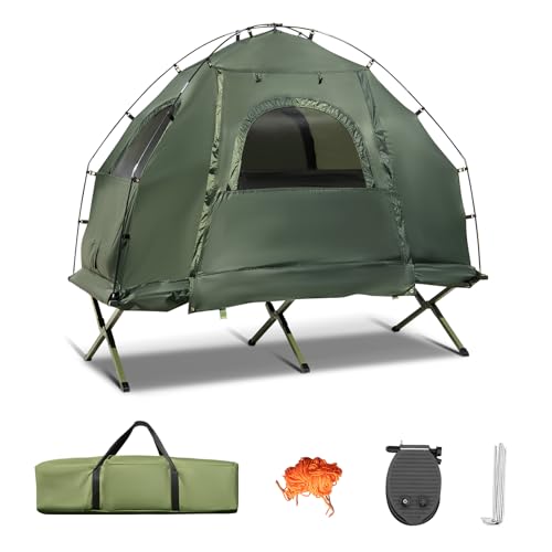 HOMASIS Campingzelt mit Feldbett, Campingbett mit Sonnendach, Kuppelzelt mit Luftmatratze & Schlafsack, Zelt mit Tragtasche für eine Person, Metallrahmen, Grün (194 x 87 x 167 cm) von HOMASIS