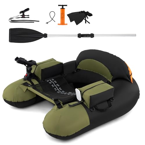 HOMASIS Schlauchboot, aufblasbares Angelboot mit Pumpe, Alu-Paddel & Flossen, Fischerboot mit Verstellbarer Angelrutenhalter & Fischhakenstator, Belly Boat 150 kg belastbar, 111x104x46cm (Grün) von HOMASIS