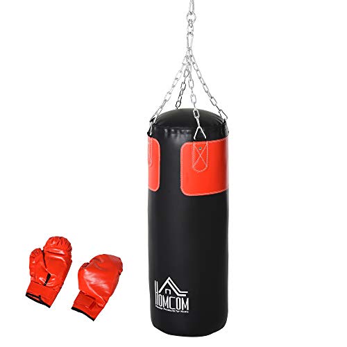 HOMCOM Boxsack-Set Box-Set mit Boxhandschuhen Gefüllt Set für Erwachsene Jugendlichen Hanging Boxing Heavy Bag 16 KG Ø30 x 120 cm Schwarz+Rot von HOMCOM