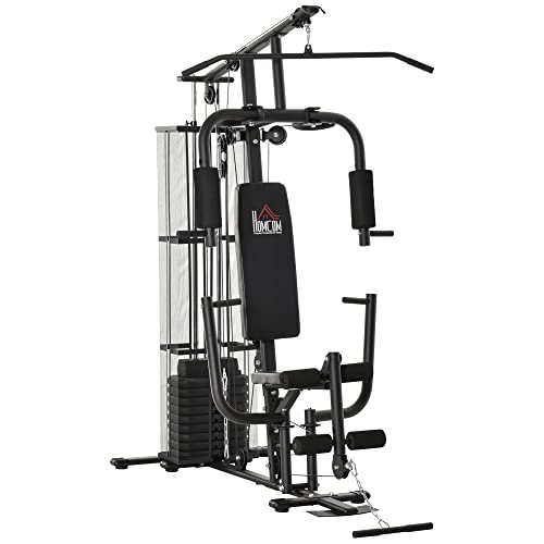 HOMCOM Gym Kraftstation Fitnessstation Multigym Fitnesscenter Fitnessgerät inkl. Gewichten Latzug Beincurl Metall PU-Kunstleder Schwarz 150 x 110 x 210 cm von HOMCOM