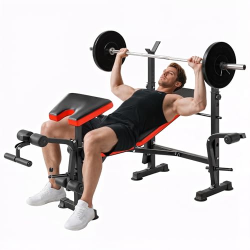 HOMCOM Hantelbank mit Ablage verstellbare Multifunktion Trainingsbank mit Langhantelständer Butterfly Beincurler Bankdrücken 3-Fach Rückenlehne Schrägbank Flachbank bis 150 kg Fitnessbank für Zuhause von HOMCOM