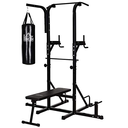 HOMCOM Kraftstation mit Klimmzugstange, Multifunktionale Dip-Station, Trainings-Gerät für Zuhause, mit Boxsack, Fitness, Stahl, Schwarz, 180 x 183 x 219 cm von HOMCOM