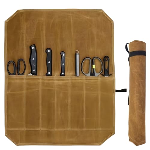 HOMURY Messertasche Kochmesser Rolltasche: Messer-Rolltasche mit 7 Fächern, Gewachstes Canvas-Kochmesser-Koffe Messertasche für Köche Werkzeug-Rolltasche von HOMURY