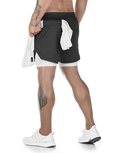 Herren 2-in-1 Laufshorts Sommer Schnelltrocknende Laufshorts Fitness Joggen Kurze Hosen mit innerer Kompressionsshorts und Tasche schwarz M von HONGBI