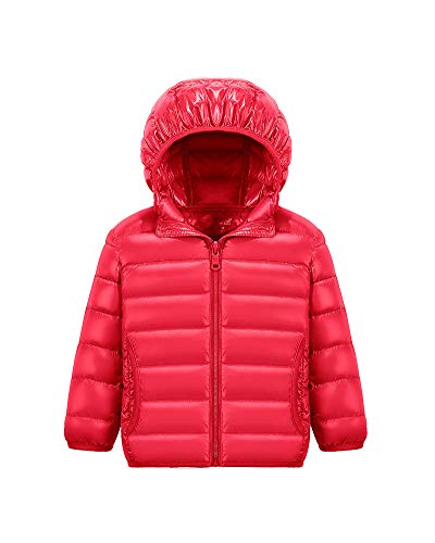 Kinder Down Hoody,Kurze Leichte Daunenjacke mit Kapuzen Warme Wasserdichte Winterjacke Outdoor Steppjacke Daunenmantel Gepolsterte Jacke Winter Winddicht Übergangsjacke für Maedchen Jungen Rot 110 von HONGBI