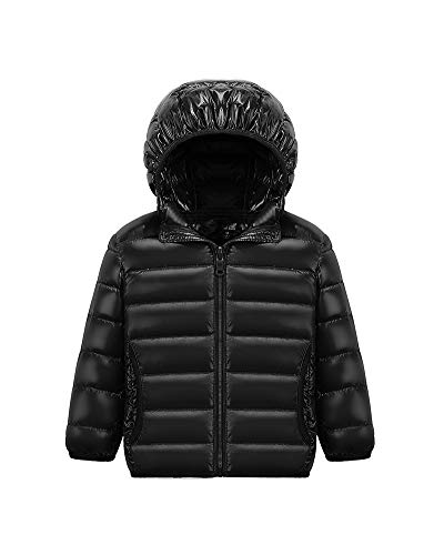 Kinder Down Hoody,Kurze Leichte Daunenjacke mit Kapuzen Warme Wasserdichte Winterjacke Outdoor Steppjacke Daunenmantel Gepolsterte Jacke Winter Winddicht Übergangsjacke für Maedchen Jungen Schwarz 140 von HONGBI