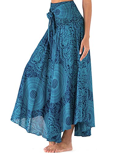 Lange Bohemian Maxi Rock für Damen Hippie Gypsy Boho Kleid 2 in 1 Boho Sommerkleid Strand Tanzkleid Halterrock Strandkleider Vintage Blumenrock Meerblau Einheitsgröße von HONGBI