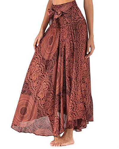 Lange Bohemian Maxi Rock für Damen Hippie Gypsy Boho Kleid 2 in 1 Boho Sommerkleid Strand Tanzkleid Halterrock Strandkleider Vintage Blumenrock Orange Einheitsgröße von HONGBI