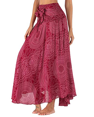 Lange Bohemian Maxi Rock für Damen Hippie Gypsy Boho Kleid 2 in 1 Boho Sommerkleid Strand Tanzkleid Halterrock Strandkleider Vintage Blumenrock Rosenrot Einheitsgröße von HONGBI