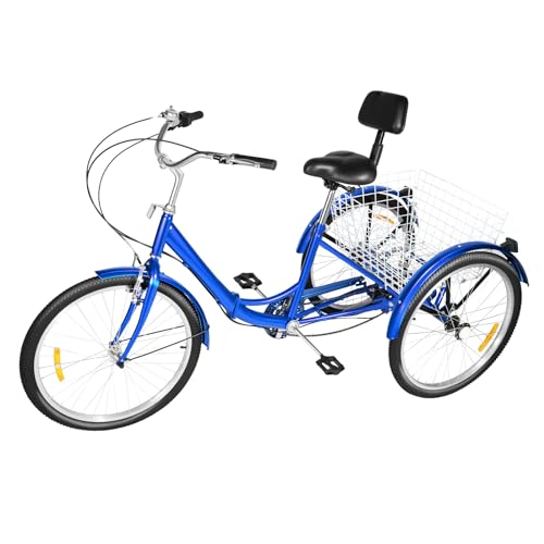 HPDTZ 24 Zoll Dreirad Erwachsene, Faltbares Fahrrad Dreirad für Erwachsene, Senioren, Frauen, Männer Lastenfahrrad 3-Rad-Fahrrad mit Einkaufskorb (Blau) von HPDTZ