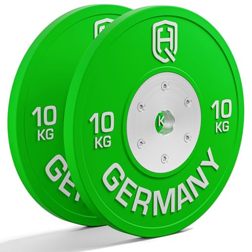 HQ Germany® Competition Bumper Plates 50mm | Paar/Set | 5-25kg | Wettkampfgeeignet | REACH-konform | Hantelscheiben nach IWF Standard, Gewicht:2x 10KG von HQ Germany