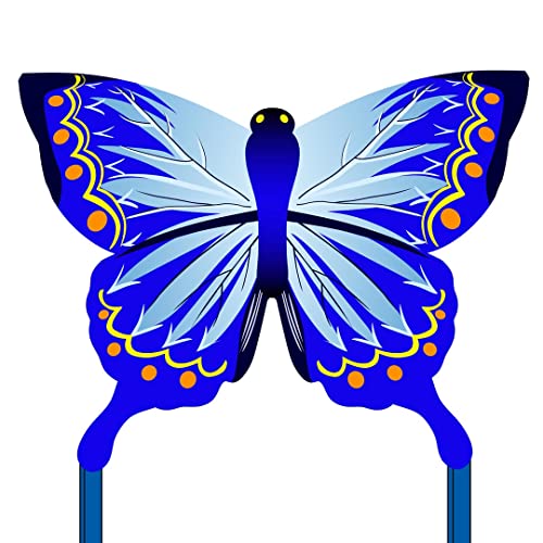 Ecoline 102221 - Butterfly Kite Indigo Kinderdrachen Einleiner, ab 5 Jahren, 95x120cm und 1.9m Drachenschwanz, inkl. 17kp Polyesterschnur 25m auf Griff, 2-4 Beaufort von HQ HIGH QUALITY DESIGN