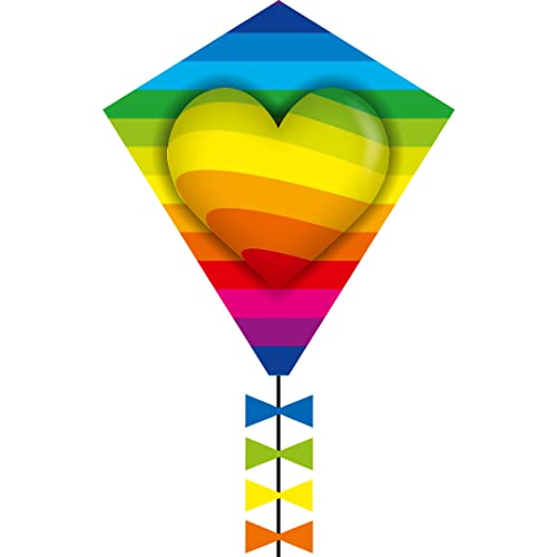 HQ Design Ecoline Eddy 50cm Kinderdrachen Flugdrachen Einleiner ab 5 Jahre, 50x45cm+2.5m Drachenschwanz inkl. 10kp Polyesterschnur 25m auf Griff, 2-5 Bft (Rainbow Heart) von HQ HIGH QUALITY DESIGN